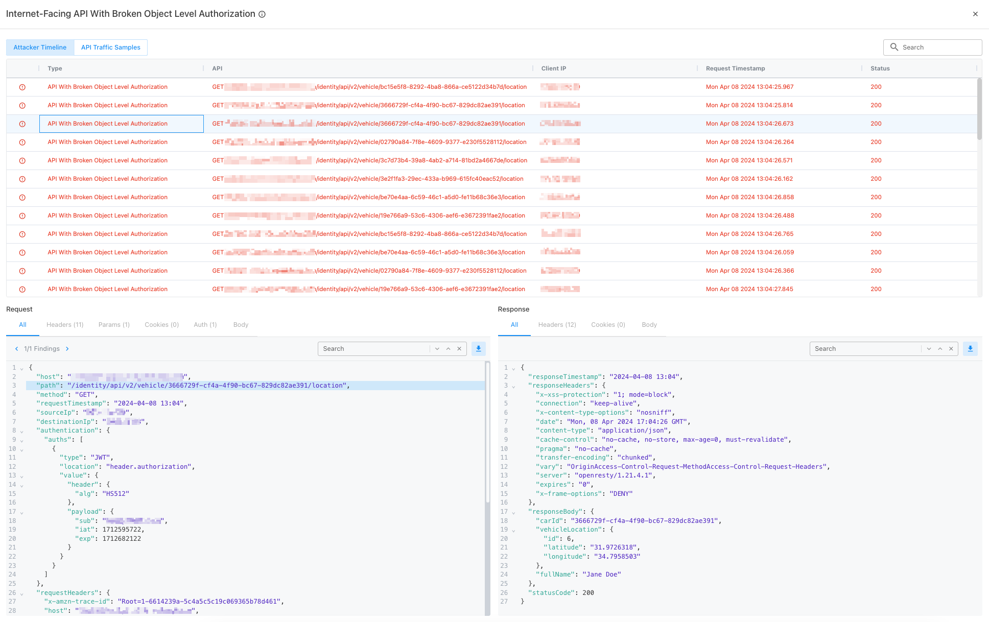 Screenshot showing BOLA evidence in Noname UI
